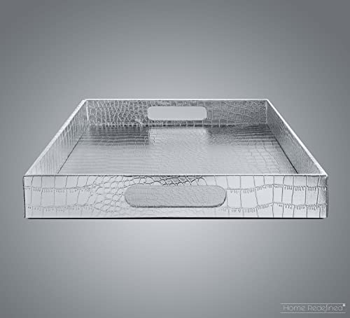 Beautiful Modern Elegant Silver 18x12 Rectangle Glossy Alligator Croc Decorative Ottoman Coffee Table Perfume Living Dining Room Kitchen Serving Tray with Handles by Home Trends for All Occassion's