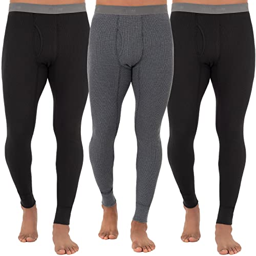 Fruit of the Loom Men's Recycled Premium Waffle Thermal Underwear Long Johns Bottom (1, 2, 3, and 4 Packs), Black/Black/Greystone Heather, Large
