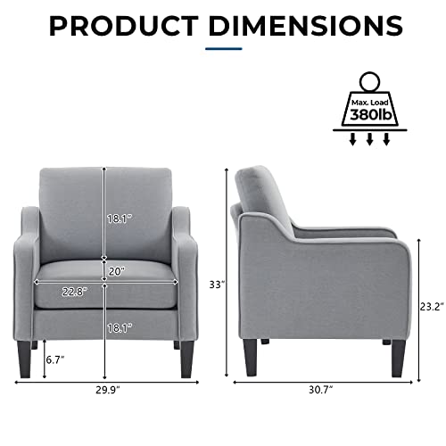 VINGLI Mid Century Modern Accent Chair,Light Grey Fabric Chairs for Living Room Upholstered Armchair with Scooped Arms for Bedroom,Apartment,Studio,Office,Waiting Room