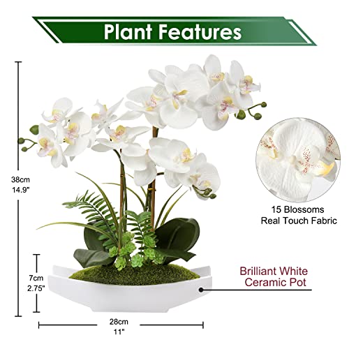 Briful White Orchid Artificial Flowers in Ceramic Pot Fake Orchid White Silk Phalaenopsis Flower Arrangement Artificial Orchid Plant Indoor for Home Office Kitchen Bedroom Wedding Decor