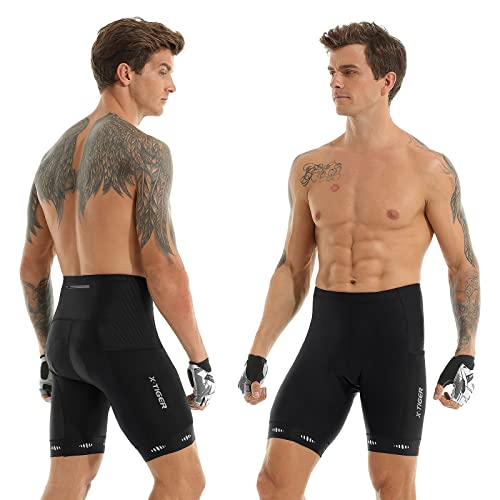 X-TIGER Men's Cycling Shorts with Back Pocket,5D Gel Padded Bike Shorts for Men,Mountain Road Biking Riding Half Pants Tights, A-black(2side Pocket), Large