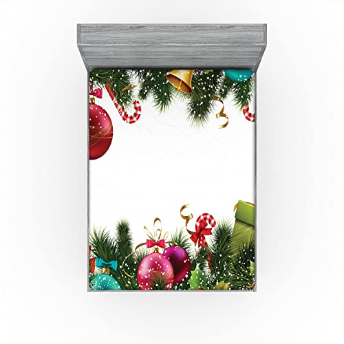 Ambesonne Christmas Fitted Sheet, Happy New Year Greeting Celebrations with Holly Garland Design, Soft Decorative Fabric Bedding All-Round Elastic Pocket, Queen Size, Maroon Green