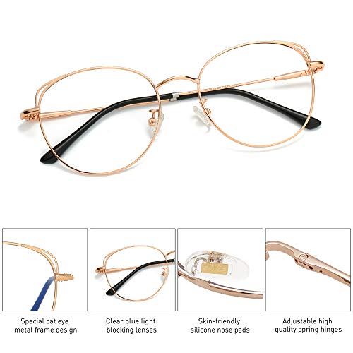 SOJOS Cat Eye Blue Light Blocking Glasses Hipster Metal Frame Women Eyeglasses She Young SJ5027 with Rose Gold Frame/Anti-blue light Lens