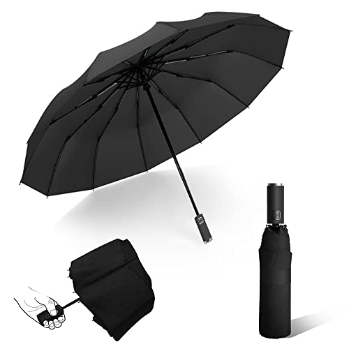 Auto Open/Close Folding Travel Umbrella, 12 Ribs Compact Lightweight Umbrella, Fast Drying, Reinforced Windproof Canopy Frame, Slip-Proof Handle for Easy Carry (Black)