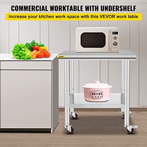 Mophorn Stainless Steel Catering Work Table 76(L) x60(W) x80(H) cm Commercial Work Table with 4 Wheels Commercial Food Prep Workbench with Flexible Adjustment Shelf for Kitchen Prep Table