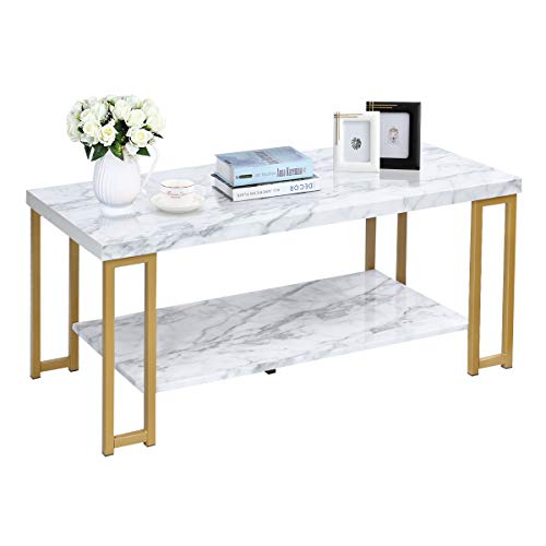 Giantex Marble Print Coffee Table, Accent Rectangular Cocktail Table, 2-Tier Tea Table w/MDF Top & Gold Print Metal Frame, Water Resistant Version, Desk Beside Sofa, End Table w/Hollow Metal Legs