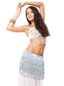 SATINIOR 2 Pieces Belly Dance Skirt Sweet Sequin Tassel Skirt Wrap Performance Bling Sequins Skirt Performance Outfit for Women White