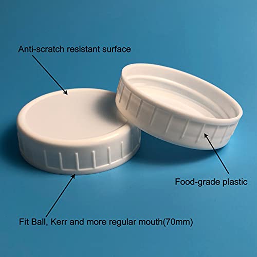 10 Pieces White Plastic Mason Jar Lids with Silicone Grommets, Gift Wrap Container Small Food Storage Cover, Reusable Leak Proof Screw Can Cap, Fit Regular Mouth 70mm