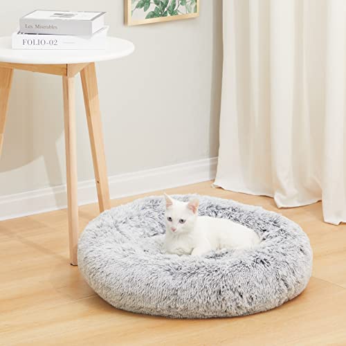 Bedfolks Calming Donut Cat Bed, 60CM Round Fluffy Dog Beds for Small Dogs & Cat Beds for Indoor Cats, Washable Anti-Anxiety Plush Puppy Bed（Dark Grey, Small