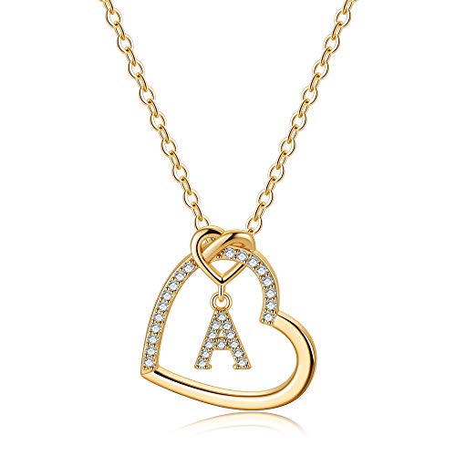 M MOOHAM CZ Heart Initial Necklaces, 14K Gold Filled Heart Initial Necklaces for Teen Girls Women, Dainty Letter Necklace for Women Kids Girls Jewelry Cute Heart Necklace Jewelry for Girls Gifts, Brass, Cubic Zirconia