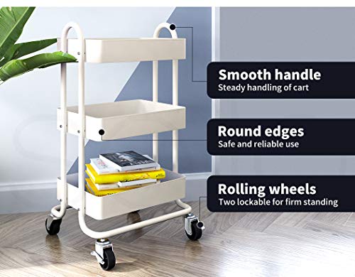 Levede 3 Tiers Kitchen Trolley Cart Steel Storage Rack Shelf Organiser White, Metal Utility Cart, 3-Tier Kitchen Trolley with 4 Wheels, Rolling Storage Cart Trolley for Kitchen Storage & Organisation