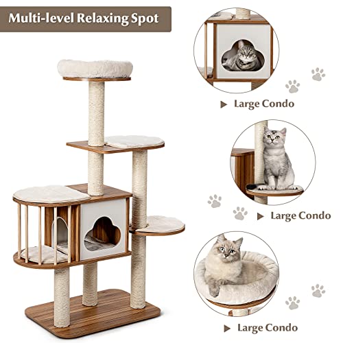 Cat Tree Tower, Large Wood Cat Climbing Condos Stand, w/4 Level Activities Platform, Sisal Rope Scratching Posts, Washable Mats, Tall Cat Playhouse Activity Center for Indoor Cats, Beige, 142CM