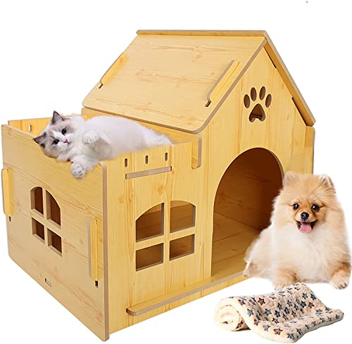 TOMVAES Cat House Indoor Cats with Padding Small Dog Cave Bed Cages Cat Bed Mat Cat Cave for Big Cat with Matching Cat Hammock and Cushion DIY Wooden Cat Villa Cave Entrance