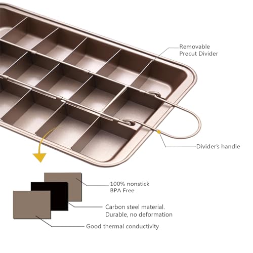 ZCOINS Brownie Pan with Dividers, Non-Stick Brownie Tray Square Cake Mould Brownie Ovenware Cookware Bakeware,18-Cavity and 12 * 8 inches(Champagne Gold)