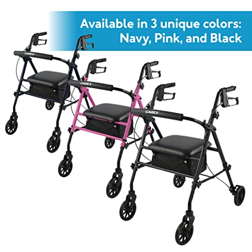 Carex Step 'N Rest Aluminum Rolling Walker For Seniors, Pink - Rollator Walker With Seat - With Back Support, 6 Inch Wheels, 250lbs Support, Lightweight