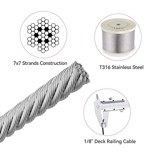 1/8 Stainless Steel Cable with Cutter7x7 Strands Construction,T316 Stainless Steel for Deck Railing,Porch Fence,String Lights Hanging Wire 300FT