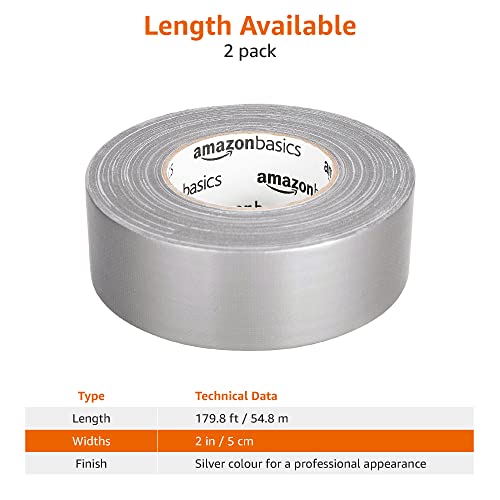 Amazon Basics Heavy Duty Duct Tape, Silver, 5cm wide x 55m, 2-Pack