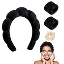 ZANZER Makeup Headband for Women, Soft Sponge Spa Headband and Wrist Washband Set Black Skincare Headbands for Face Washing, Shower, Makeup Removal(Black)