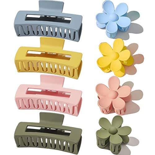 8PCS 4.1 Inch Summer Matte Hair Claw Clips & Flower Claw Clips, Square Large Claw Clips for Women Girls, Strong Hold Hair Accessories for Thick, Thin, Curly, Long and Fine Hair