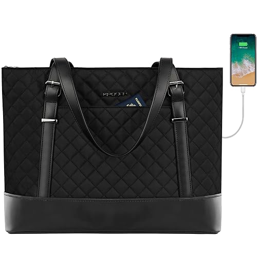 KROSER Laptop Tote Bag 15.6 Inch with USB Port, Large Work Tote Bag Computer Shoulder Bag for Women, Laptop Carrying Case Stylish Handbag School Office Business Travel(Quilted)