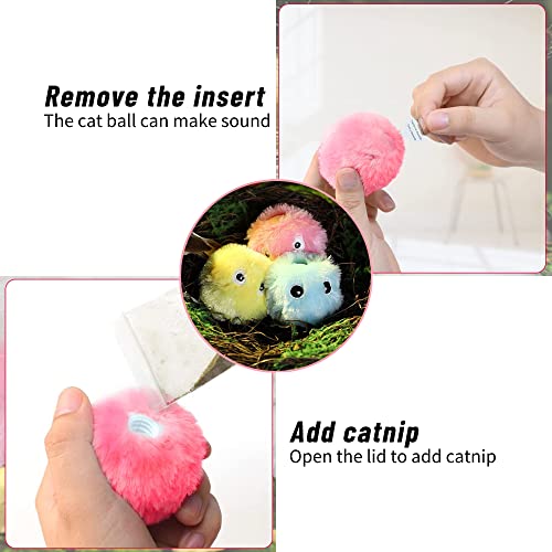 3 Pcs Fluffy Plush Cat Toy Squeaky Balls with Catnip, Newest 3 Lifelike Chirping Balls Animal Sounds-Bird Frog and Cricket, Interactive Fun Cat Toy for Indoor Kittens Exercise Hunting