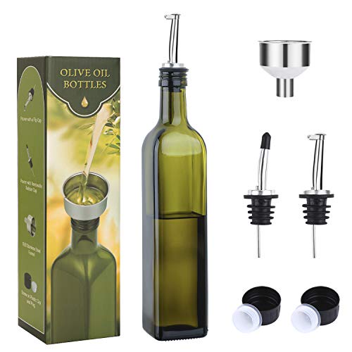 AOZITA 17oz Glass Olive Oil Bottle Dispenser - 500ml Green Oil and Vinegar Cruet with Pourers and Funnel - Olive Oil Carafe Decanter for Kitchen