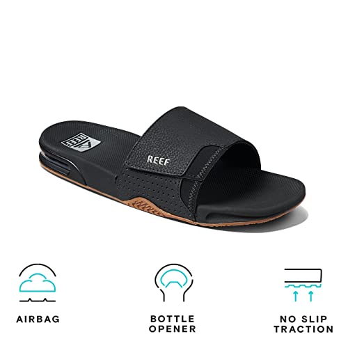 Reef Mens Fanning Slide | Bottle Opener Sandal, Black/Silver, 14