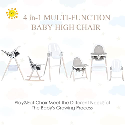BABY JOY 4-in-1 Baby High Chair, Wooden Highchair Booster Seat w/Adjustable Seat & Double Removable Tray, Infant Dining Chairs Rocking Chair w/Storage Bag, Footrest & 3-Point Safety Belt, Gray
