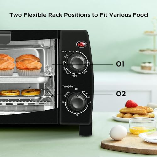 COMFEE' 4 Slice Small Toaster Oven Countertop, Retro Compact Design, Multi-Function with 30-Minute Timer, Bake, Broil, Toast, 1000 Watts, 2-Rack Capacity, Black (CFO-BB101)