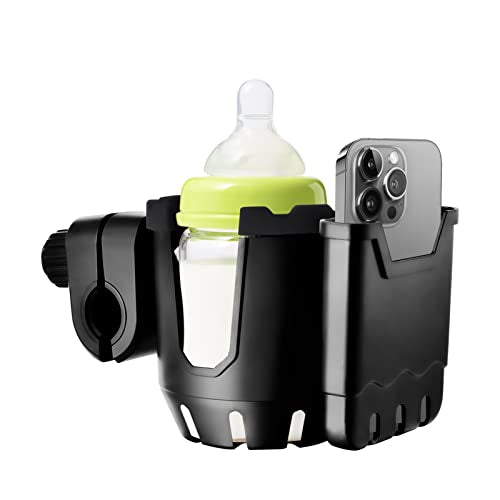 OFFWEGO Universal Stroller Cup Holder with Phone Holder - 2-in-1 for Uppababy Doona Nuna Jogger Graco Britax Bugaboo Cup Holder for Wheelchair Walker Bike Accessories, Gifts for Women Mom Men, Black