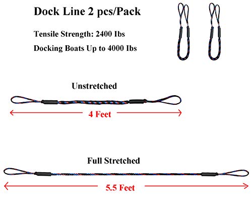 Bungee Boat Dock Lines 4 Feet Colourful Dockline Mooring Rope Boat Accessories Docking Lines PWC Shock Cords for Boats Kayak, Jet Ski, Pontoon, Canoe, Power Boat Wave Runner, SeaDoo, Watercraft 4pcs