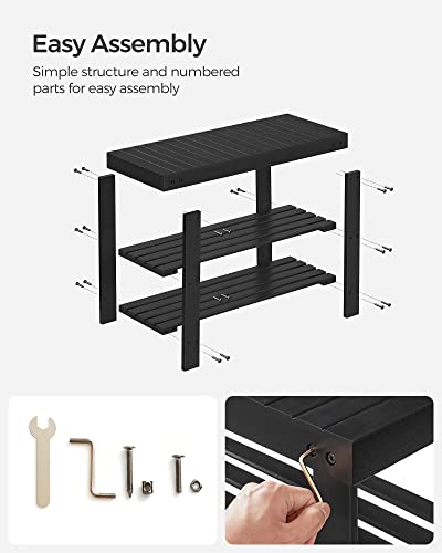 SONGMICS Shoe Rack Bench, 3-Tier Bamboo Shoe Storage Organizer, Entryway Bench, Holds Up to 286 lb, 11.3 x 27.6 x 17.8 Inches, for Entryway Bathroom Bedroom, Black ULBS04H