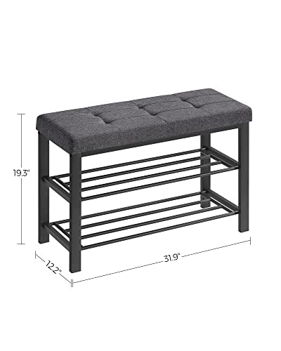 SONGMICS Shoe Bench, 3-Tier Shoe Rack for Entryway, Storage Organizer with Foam Padded Seat, Linen, Metal Frame, for Living Room, Hallway, 12.2 x 31.9 x 19.3 Inches, Dark Gray and Black ULBS57GYZ