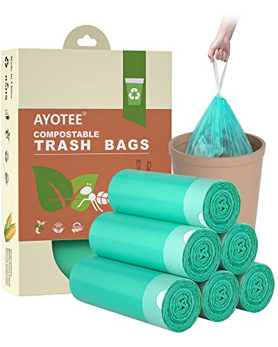 AYOTEE Compostable Trash Bags 4 Gallon Drawstring Trash Bags,100 Counts Ultra Strong Unscented Garbage Bags Small Trash Bags Waste Basket Liners for Bathroom, Kitchen ,Bedroom, Office, Pet, Car