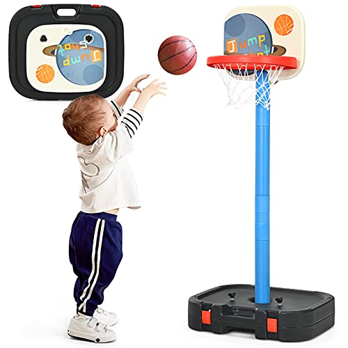 BABY JOY Kids Basketball Hoop Stand, Toddler Basketball Hoop Toy, 2 in 1 Basketball Set with Ring Toss, Portable Basketball Stand with Adjustable Height, Suitable for Indoor and Outdoor Use