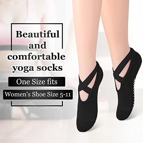 Geyoga 6 Pairs Yoga Socks for Women Nonslip Barre Socks with Straps Ballet Dance Socks for Yoga Pilates Ballet Barre Dance, Black, Medium