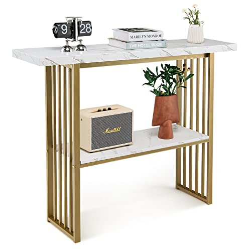 Giantex 2-Tier Console Table, White Faux Marble Sofa Table w/Open Shelf, Gold Steel Frame, Modern Entryway Table Compact Rectangular Foyer Table, Narrow Couch Table for Living Room, Hallway