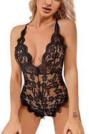 Donnalla Women's One Piece Teddy Plunging Lace Bodysuit Elegant Honeymoon Lingerie, Black, Medium