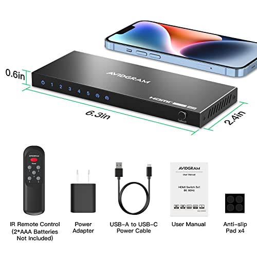 HDMI 2.1 Switch 8K 60Hz, AVIDGRAM HDMI Switcher 5 in 1 Out with IR Remote, 5 Port 4K 120Hz Auto HDMI Selector Hub Support 8K 48Gbps, Compatible with Xbox Series X, PS4 Pro, PS5, UHD TV, Monitor