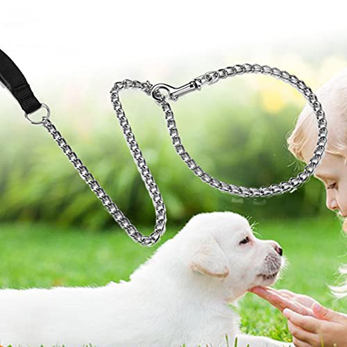 Pet Dog Chain Leash Lead 120cm Chew Resistant Metal Leash Soft Leather Handle AU (Black)