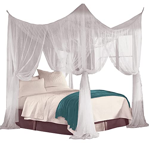 (White) - Just Relax Four Corner Post Elegant Mosquito Net Bed Canopy Set, White, Full/Queen/King, 86.6x 78.18cm x 250cm