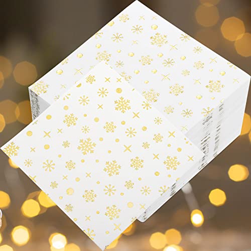 200 Pcs Christmas Paper Napkins Snowflake Cocktail Napkins Dinner Napkins Disposable White and Gold Paper Napkins Decorative Table Napkin for Birthday Winter Dinner Party Supply, 10 x 10 Inch Unfolded