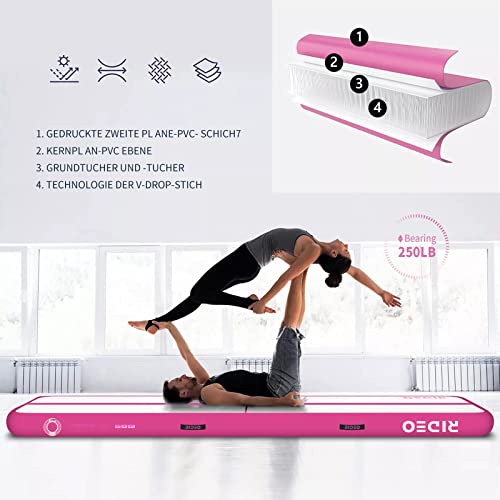 RIDEO Premium Inflatable Air Track Gymnastics Tumbling Mat Incl Electric Pump Bag Pink (White 5m*1m*15cm)