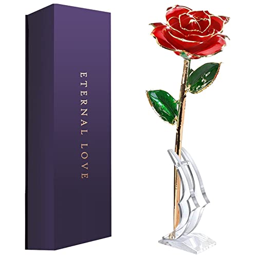 VIYNRAN Gold Dipped Rose, Viynran Long Stem 24k Gold Dipped Real Rose Lasted Forever with Stand, Best Romantic Anniversary Valentines Day Gifts