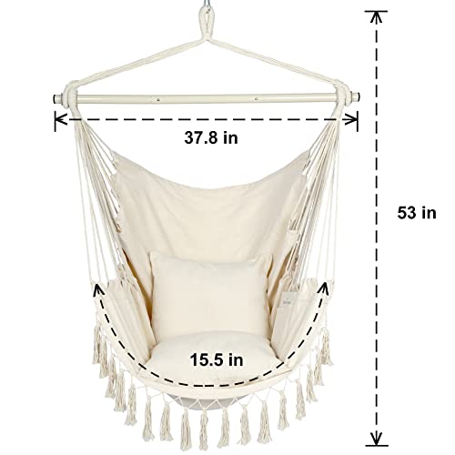 Y-STOP Hammock Chair Hanging Rope Swing, Max 330 Lbs, 2 Cushions Included, Large Macrame Hanging Chair with Pocket, Quality Cotton Weave for Superior Comfort, Durability, Beige