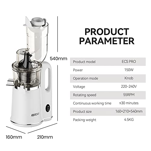 Abirday Slow Juicer, Large Inlet Cold Press Juice Extractor, Slow Masticating, Quiet Motor & Reverse Function, BPA-Free, 150 Watts, FFX Filter Easy to Clean PRO (white)