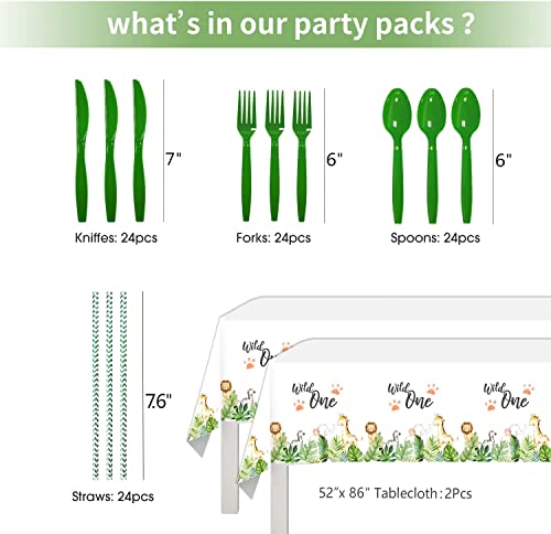 FVABO Wild One Birthday Decorations - Jungle Theme Party Supplies Tableware Includes Plates, Cup, Napkin, Balloon, Backdrop, Tablecloth, Straw, Cutlery, Banner, Safari Theme 1st Birthday Decorations