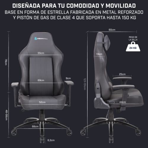 Newskill Akeron Professional Gaming Desk Chair, Breathable PU Leather, Adjustable Height, 180° Recliner, Gas Piston Class 4, 3D Adjustable Armrests, Lumbar and Cervical Cushion, Black