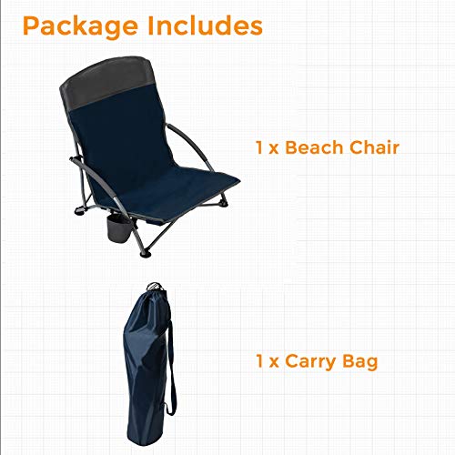 Pacific Pass Lightweight Camp and Beach Chair w/Built-in Cup Holder, Includes Carry Bag - Navy/Gray