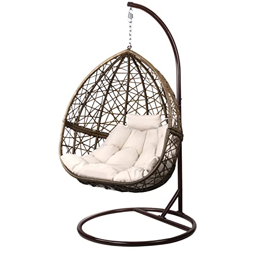 Gardeon Outdoor Egg Swing Chair Rattan Latte Garden Bench Hanging Seat, Patio Baconly Furniture Chairs, with Cushions Stand Wicker Basket Water Resistant 150kg Capacity